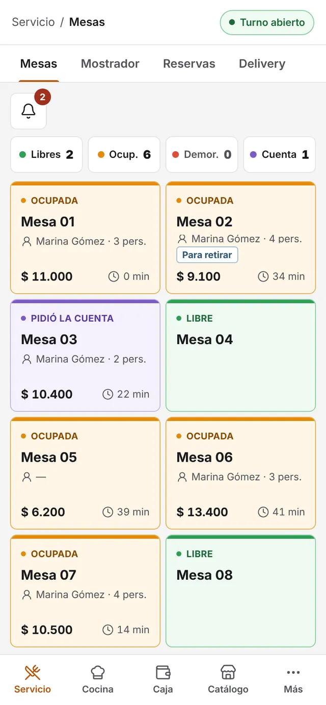 El salón en el celular del mozo, con el estado de cada mesa